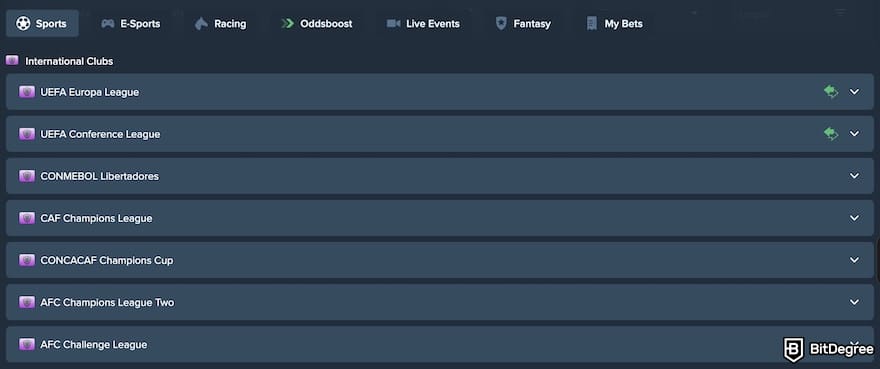 Duelbits review: Duelbits' dropdown menus.
