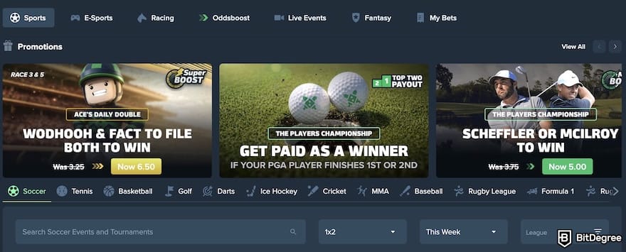 Duelbits review: Duelbits' sportsbook section.