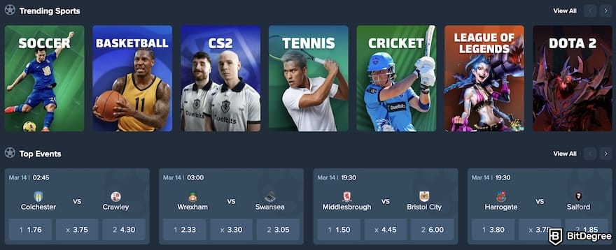 Duelbits review: the trending sports and top events on Duelbits' homepage.