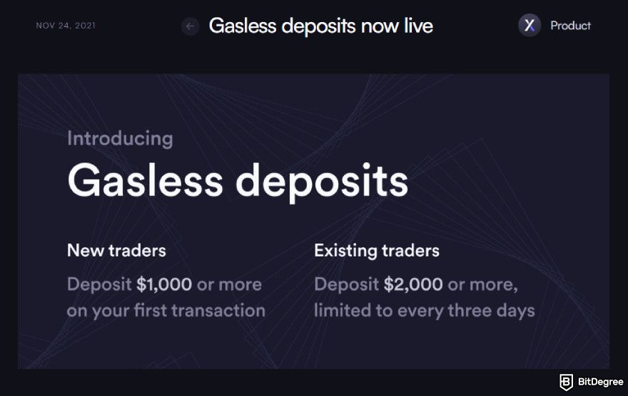 dYdX review: gassless deposits.