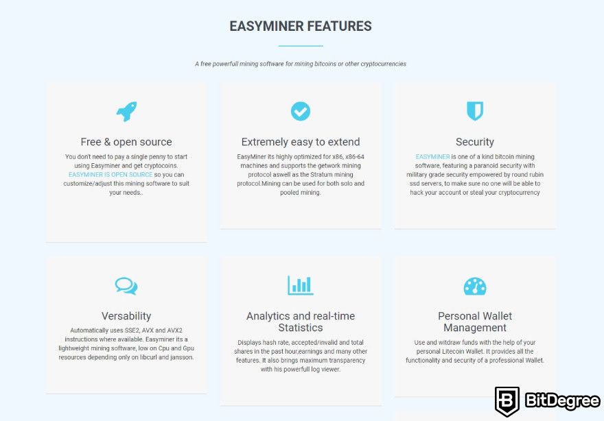 Reseña EasyMiner: Características de la plataforma.