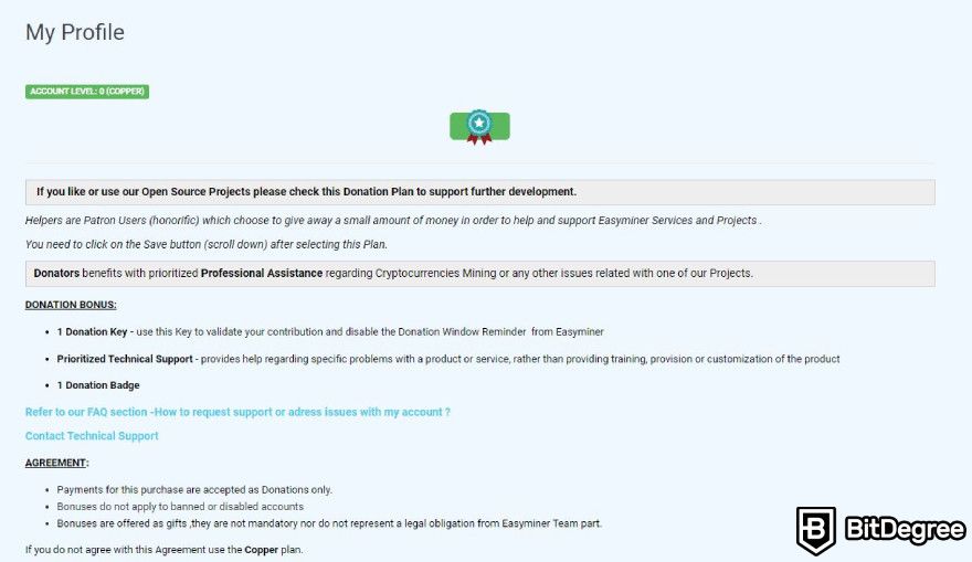 EasyMiner review: profile page.