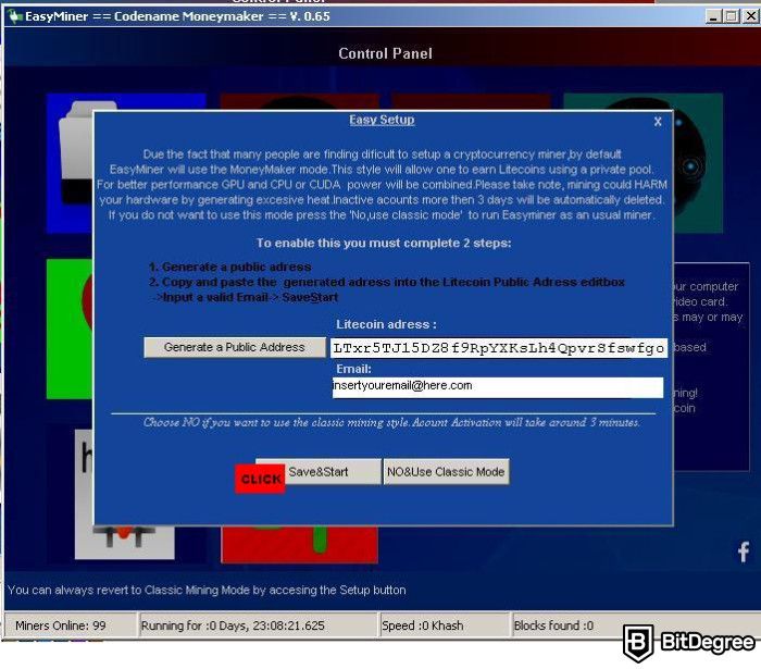 EasyMiner review: setting up address.
