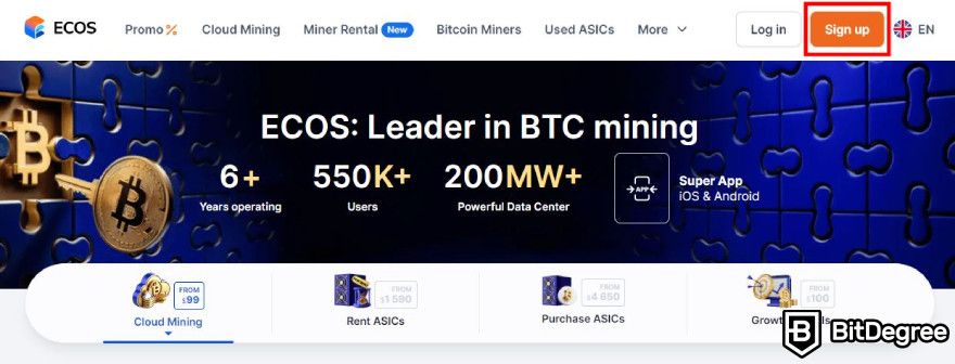 ECOS mining review: click sign up on the homepage