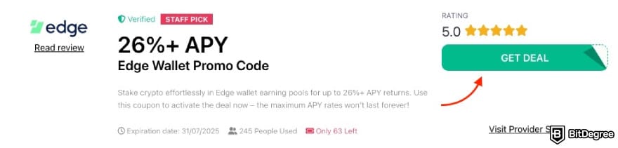 Edge Wallet promo code: a red arrow pointing to the [GET DEAL] button on BitDegree's page.