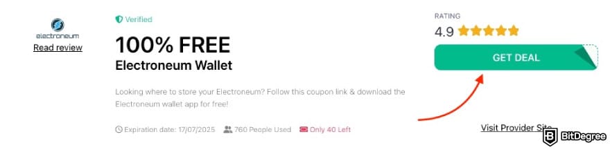 Electroneum referral codes: a red arrow pointing to the [GET DEAL] button on BitDegree's page.