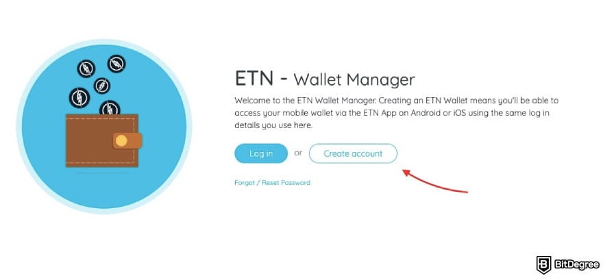 Electroneum referral codes: a red arrow pointing to [Create account] button on Electroneum's homepage.