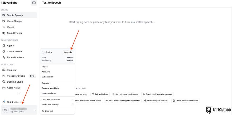 ElevenLabs promo code: one red arrow pointing to profile picture and the second to the Upgrade button.