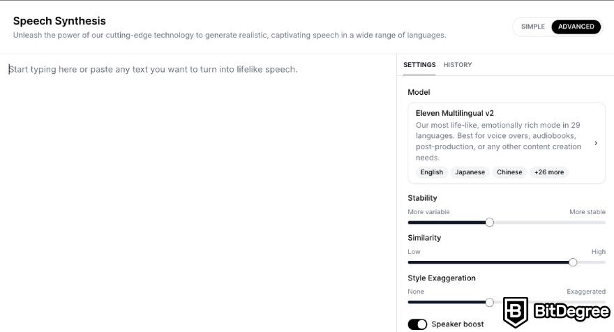 ElevenLabs review: ElevenLabs text-to-speech advanced settings.