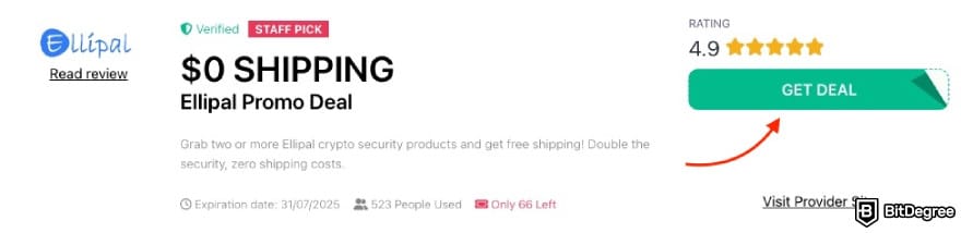 Ellipal discount code: a red arrow pointing to the [GET DEAL] button on BitDegree's page.