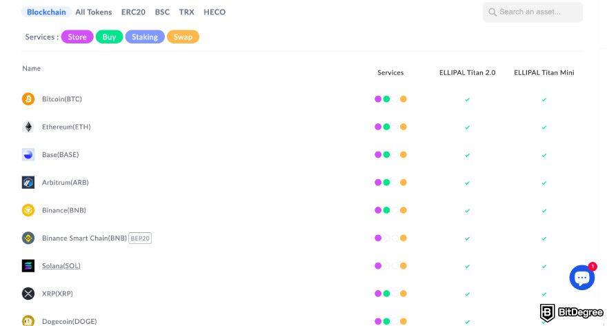 ELLIPAL Titan review: a screenshot of Titan's chain selection.