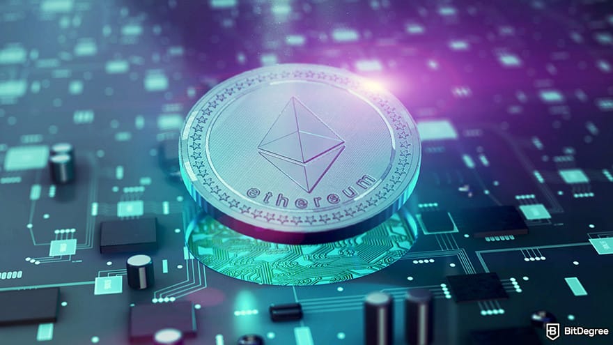 Ethereum cloud mining: Ethereum coin on a circuit board.