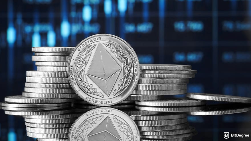 Ethereum cloud mining: Ethereum coins stacked on a shiny surface.