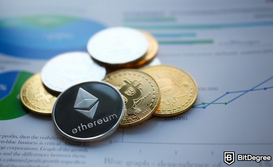 Ethereum cloud mining: Ethereum and Bitcoin coins on top of a paper.