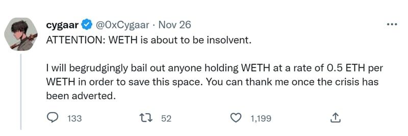 Ethereum Developer Jokes About Weth Insolvency. Panic Spreads