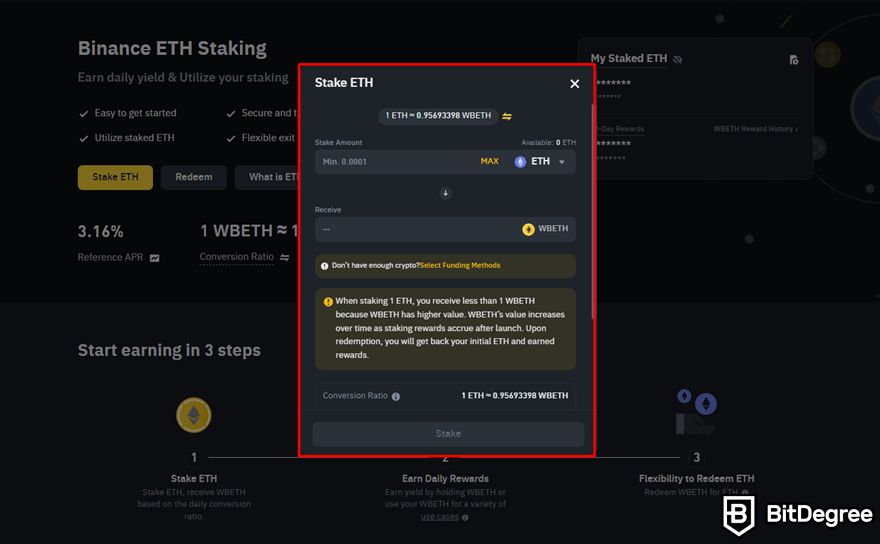 Ethereum staking: Stake ETH window on Binance.