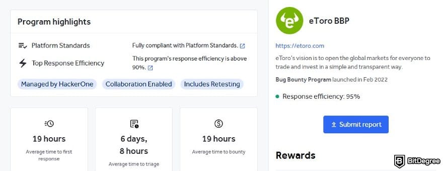 eToro review: eToro's bug bounty program page on HackerOne.
