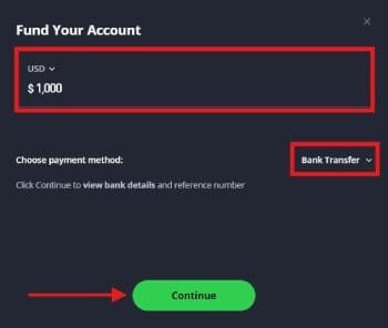 eToro review: eToro's deposit fund interface.