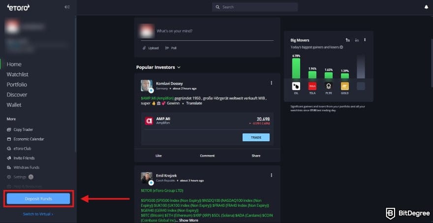 eToro review: eToro users' dashboard with the Deposit Funds button highlighted.