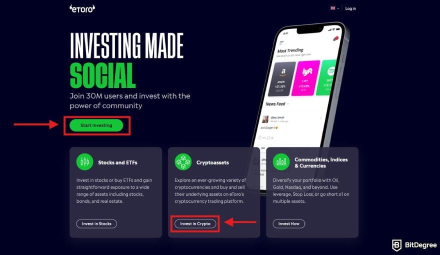 eToro review: eToro homepage with the start investing button highlighted.