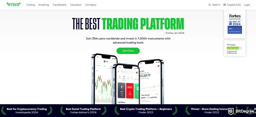 eToro review: eToro homepage.