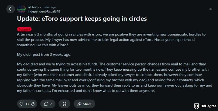 eToro review: a Reddit post complaining about eToro's customer support.