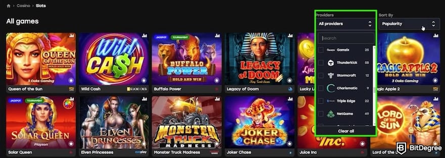 Fairspin Casino review: Fairspin's game page with a provider filter outlined. Fairspin Casino review: Fairspin's game page with a provider filter outlined.