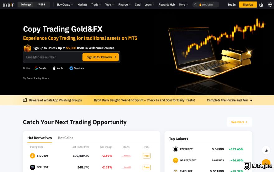 FameEX review: a screenshot of Bybit homepage.