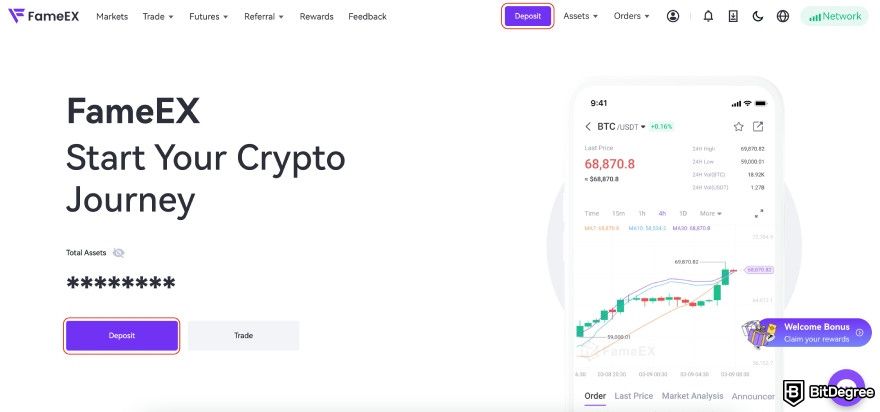 FameEX review: the [Deposit] button.