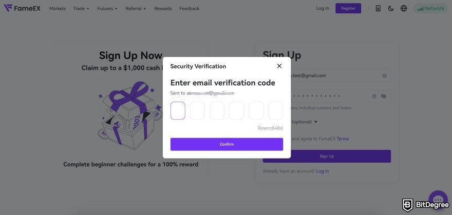 FameEX review: email verification window.