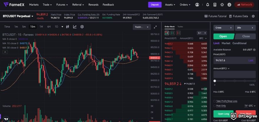 FameEX review: the futures trading interface in dark mode.