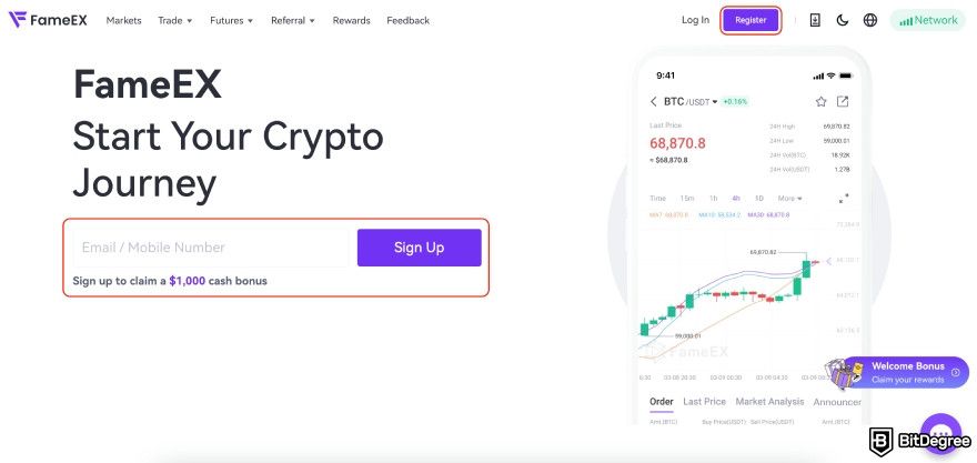 FameEX review: the [Register] and [Sign Up] buttons.