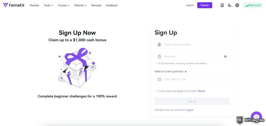 FameEX review: the registration page.