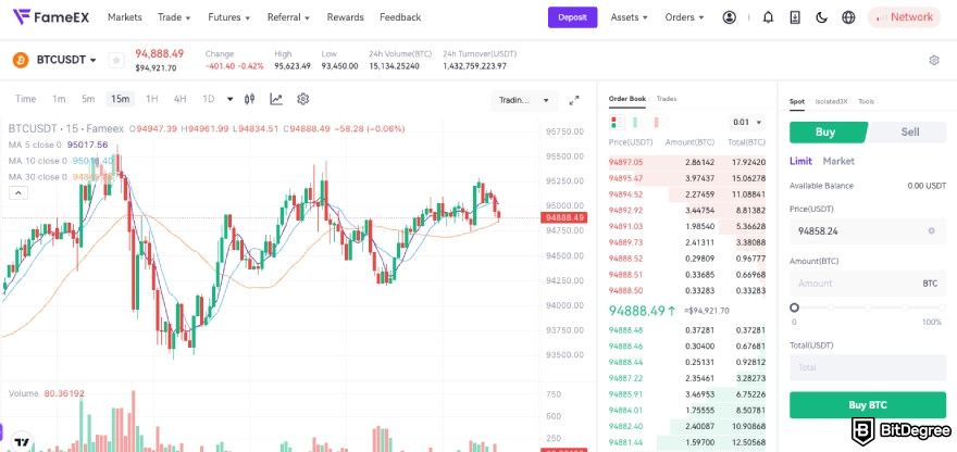 FameEX review: the spot trading interface.