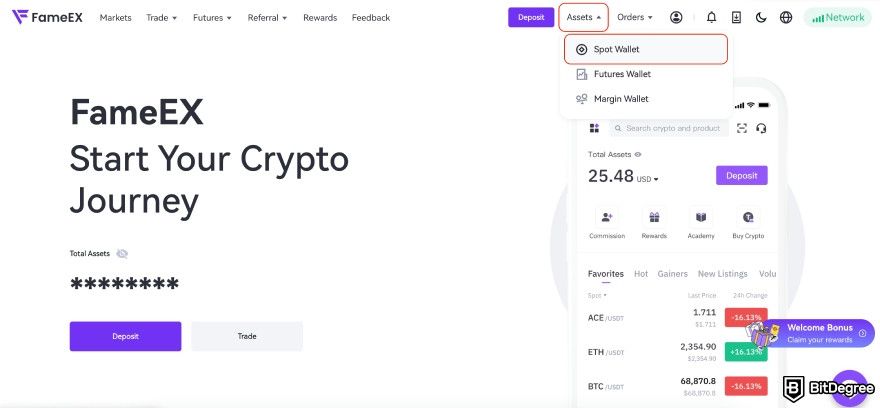 FameEX review: the [Spot Wallet] button.