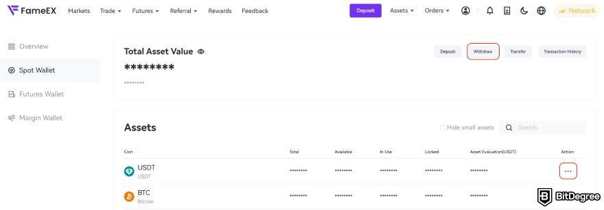FameEX review: the [Withdraw] button.
