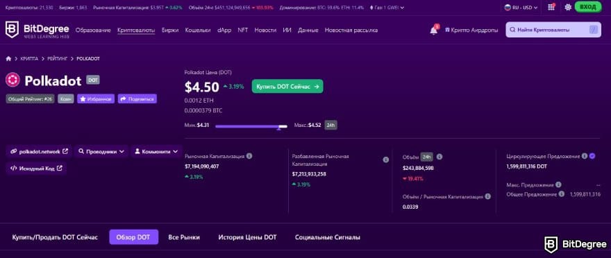 FDV в крипте: Polkadot в крипто трекере BitDegree.