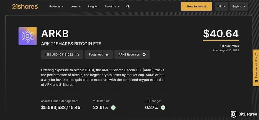 Fidelity crypto ETF: the ARKB page on the 21shares website, sharing the product net asset value, YTD return, and more.