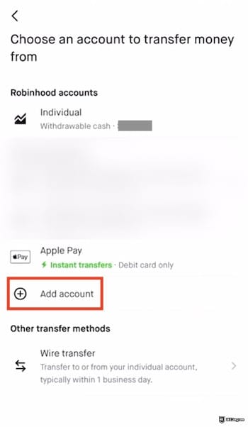 Fidelity crypto ETF: adding a payment method on the Robinhood mobile app.