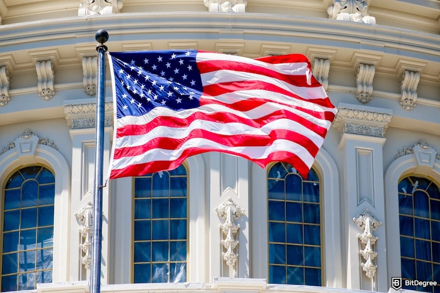 Fidelity crypto ETF: the American flag in front a building.