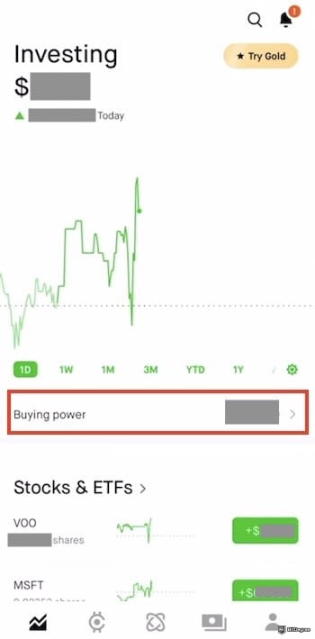 Fidelity crypto ETF: the [Buying power] button on the Robinhood mobile app outlined.
