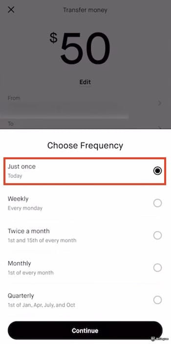 Fidelity crypto ETF: deposit frequency options on the Robinhood mobile app, with the [Just once] button outlined.