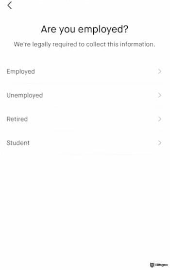 Fidelity crypto ETF: the employment status form on the Robinhood mobile app.