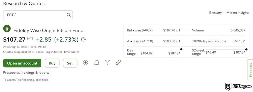Fidelity crypto ETF: the FBTC page on Fidelity's website.