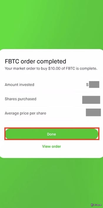 Fidelity crypto ETF: the payment details for the FBTC purchase on Robinhood.