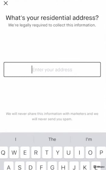Fidelity crypto ETF: the residential address form on the Robinhood mobile app.