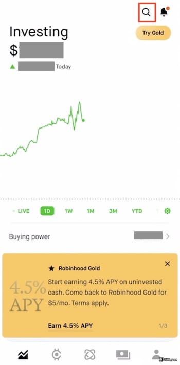 Fidelity crypto ETF: the search icon on the Robinhood mobile app outlined.