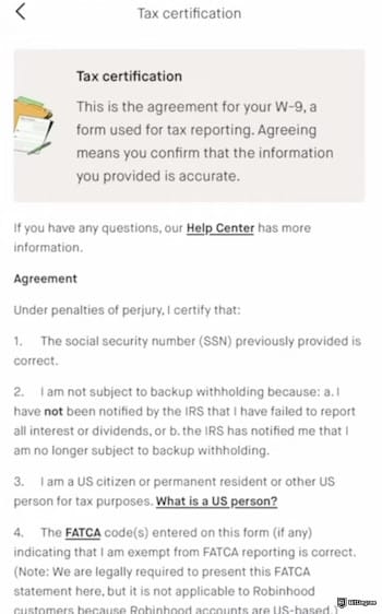 Fidelity crypto ETF: the Tax Certification page on the Robinhood mobile app.