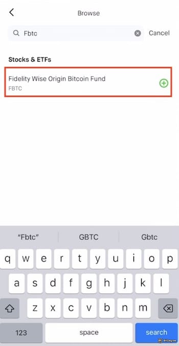 Fidelity crypto ETF: the [FBTC] option from the search results on the Robinhood mobile app outlined.