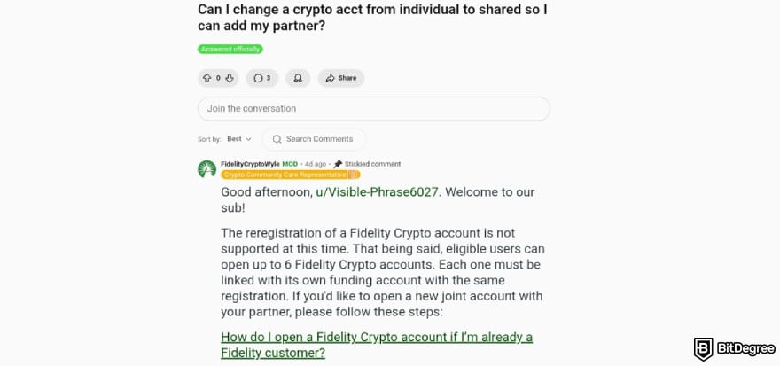 Fidelity Crypto review: an example of Fidelity's customer support response on Reddit.